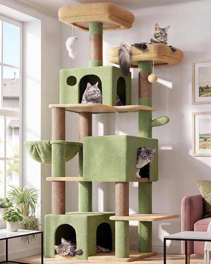 Globlazer F71 Cactus Cat Tree Tall, 71in Cat Tower for Indoor Cats, Green | Multi-Level 3 Condos for Indoor Cats, XL Cat Tree Tower with Scratching Posts, Soft Extra Large Hanging Basket
