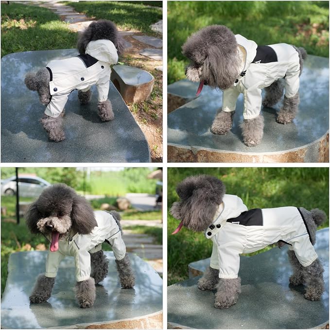 LOVELONGLONG Waterproof Dog Raincoat with Removable Hood – Outdoor Full Body Dog Jacket, Windproof Snowproof Shell Suit – All Season Pet Rain Gear Ivory S