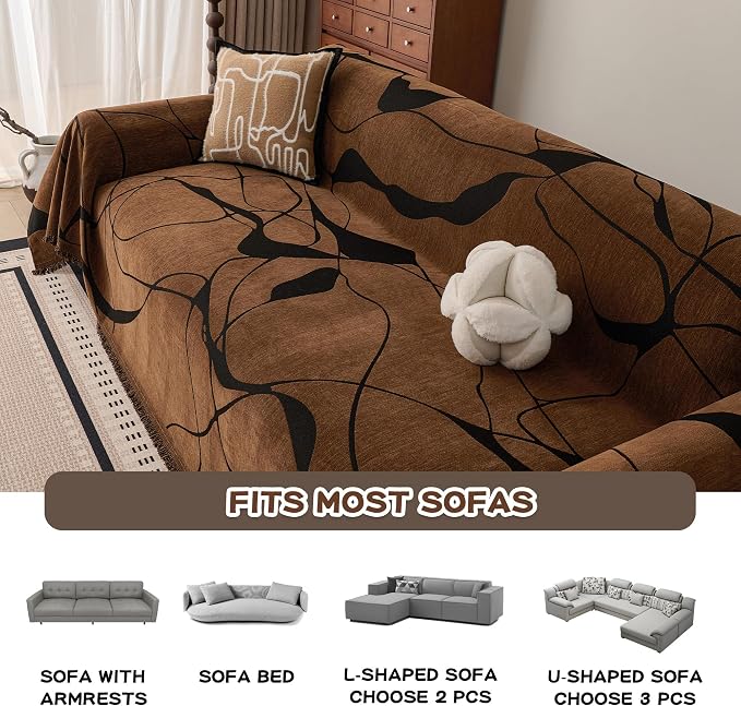 Couch Cover Washable for Dogs, Chenille Loveseat Sofa Covers Pet Friendly Marble Patterned Couch Covers Thick Dark Brown Soft Slipcover, 71" x 118"