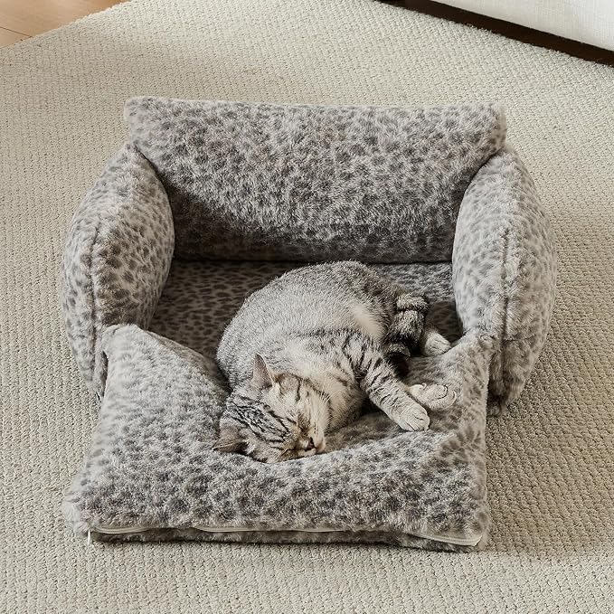 Hollypet Cat Bed Small Dog Orthopedic Couch Beds for Pets up to 13 lbs | Fluffy Multifunctional Double-Layer Warming Kitten Pet Couch Orthopedic Beds with Machine Washable Cover and Non-Slip Bottom