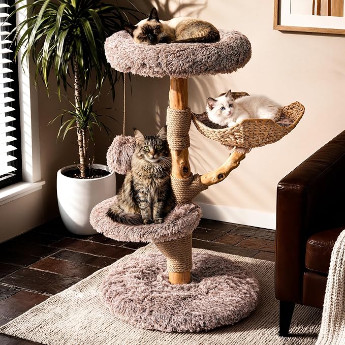 Sopapets Solid Wood Cat Tree for Large Cats, 41.3" Modern Cat Tower with Heavy Duty Real Branch & Hand-Woven Basket, Sisal Scratching Posts & Cozy Bed, Luxury Furniture for Indoor & Maine Coon, Beige