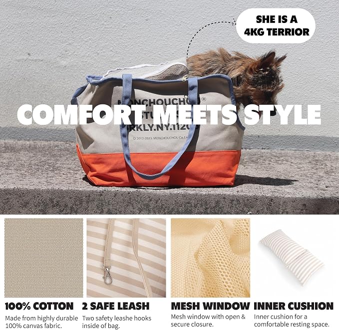Dog Tote Bag for Small Dogs 4–20 lbs with Safety Leash, Purse Carrier,Beige | safety leash hooks, removable cushion cover, and flat support base for comfortable everyday travel and hands-free carrying.