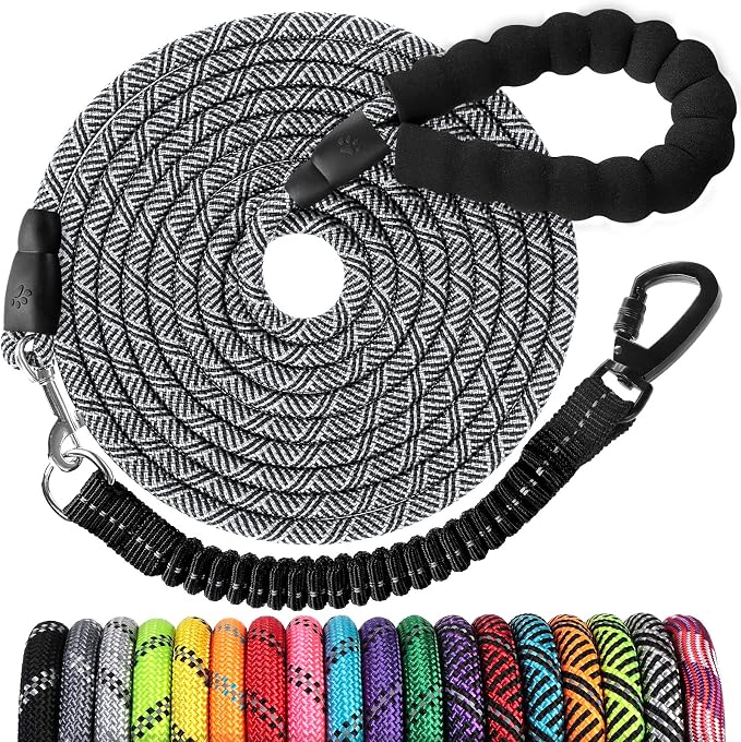 Long Dog Leash 20 FT: Heavy Duty Rope Leashes for Dogs Training with Swivel Lockable Hook Reflective Threads Bungee and Padded Handle - Dog Lead for Large Small Medium Dogs Outside Walking Hiking Grey