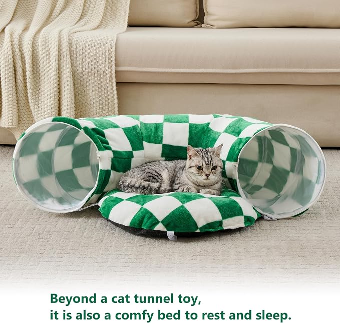 Cute Round Cat Tunnel for Indoor Cats, Green/White | Peekaboo Cat Cave with Dangling Balls, Checkered Pet Donut Tunnel Bed with Circle Mat for Puppy Kitten Rabbit