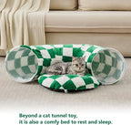Cute Round Cat Tunnel for Indoor Cats, Green/White | Peekaboo Cat Cave with Dangling Balls, Checkered Pet Donut Tunnel Bed with Circle Mat for Puppy Kitten Rabbit