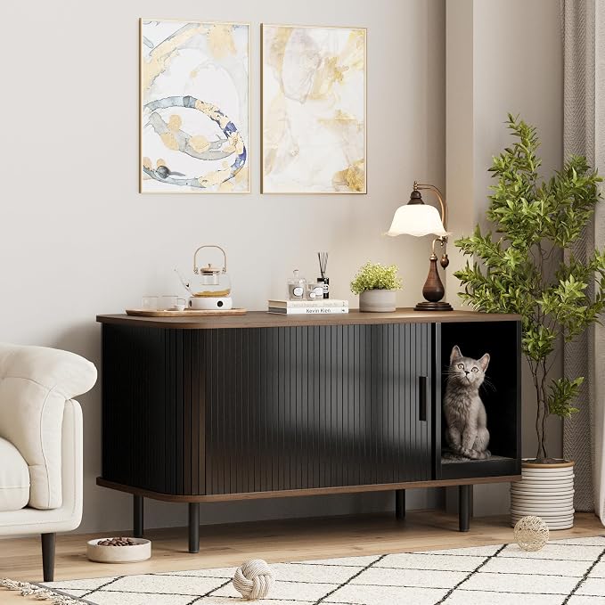 Halitaa 37.4" Cat Litter Box Enclosure with Scratch Pad, Sliding Door | Litter Box Enclosure Furniture Hidden Litter Box, Modern Indoor Cat House, TV Stand, Side End Table for Living Room, Black