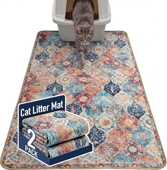 Hompet Cat Litter Mat 2 Pack, 36x60 Large Machine Washable Trapping Mats for Cats, Super Absorbent & Urine-Proof Cat Litter Box Mat for Floor, Waterproof & Non Slip Kitty Litter Rug