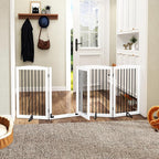 PUPETPO Freestanding Dog Gates with Door Walk Through, 80 inch Wide Gates Indoor, Dog Fences Indoor, Support Feet Included, 4 Panels, 32" Tall, White & Black