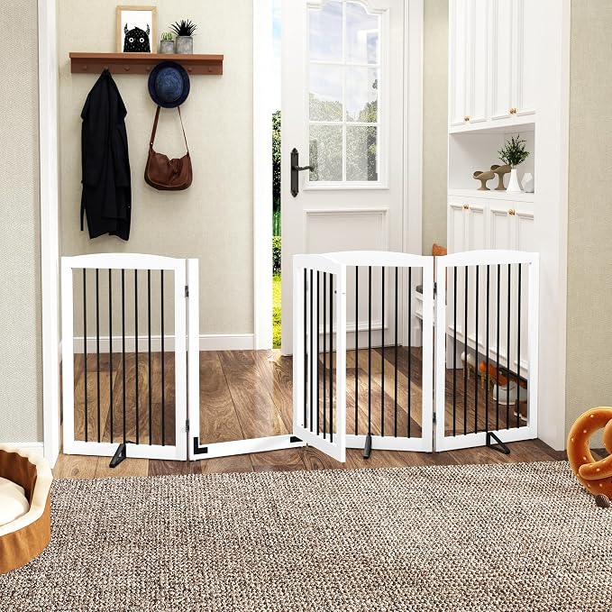PUPETPO Freestanding Dog Gates with Door Walk Through, 80 inch Wide Gates Indoor, Dog Fences Indoor, Support Feet Included, 4 Panels, 32" Tall, White & Black