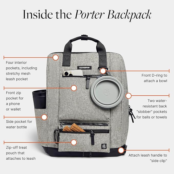 Cleverpup Porter 2-in-1 Dog Gear Backpack – Premium Dog Travel Bag with 10 Pockets, Zip-Off Treat Pouch, Leash Clip, Waterproof Pockets & Water Bottle Holder – Weekend, Hiking, Camping, Heather Grey