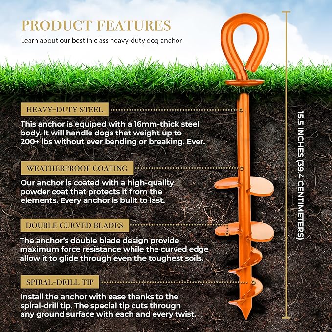 ROYAL-PAW Dog Tie Out Stake - for Large Dogs up to 210 lbs - Heavy Duty Dog Stake for Yard, Beach & Camping Outside - Best in Ground Anchor for a Dog Cable, Leash, Lead Tether (1, Royal Orange)