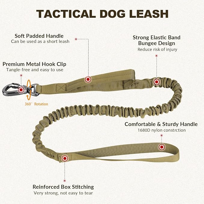 Tactical Dog Collar and Bungee Leash Set, Adjustable Military Training Nylon Dog Collar with Controll Handle and Heavy Metal Buckle，with USA American Flag, Patches and Airtags Case (M, Brown)