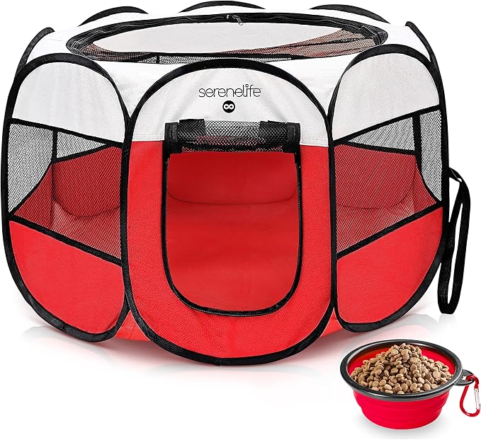 SereneLife On-The-Go Foldable Portable Pet Tent 8-Panel Playpen for Dog & Cat w/Food/Water Bowl, Mesh Exercise Puppy Playground, Pet House Indoor & Outdoor, Travel & Camping Pet Kennel (Red- Medium)