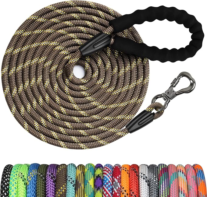 NTR 15FT Training Leash for Dogs, Reflective Nylon Rope with Swivel Lockable Hook and Comfortable Handle, Suitable for Small to Large Dogs, Brown
