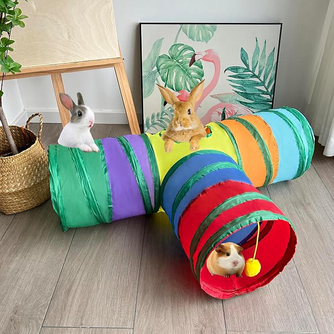 3-Way Collapsible Cat Tunnel Tube Toy Rainbow T-Shape | Interactive Play Tunnel with Hanging Ball & Peek Hole for Indoor Cats, Kittens, Puppies & Rabbits | Hours of Fun & Exercise