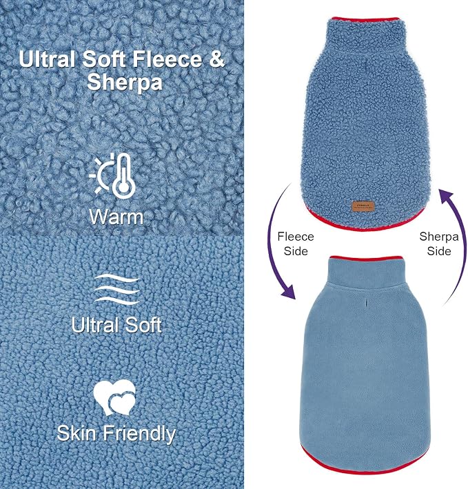 cyeollo Warm Dog Coat, Reversible Fleece Vest Dog Jacket for Winter Sherpa Turtleneck Pet Clothes Puppy Jackets Cold Weather Doggie Coats for Small Dogs, Blue S