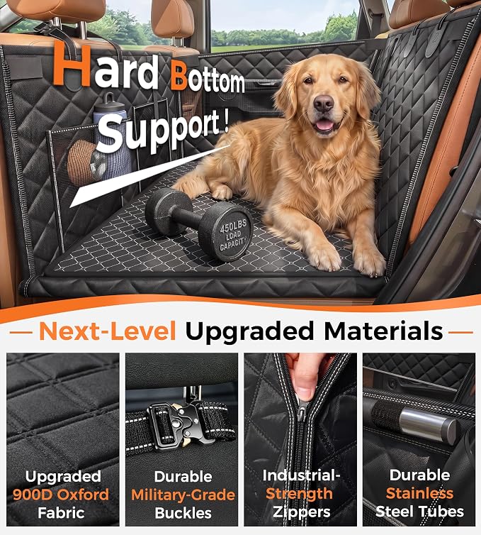 Doglike UNBREAK Hard Bottom Dog Car Seat for Back Seat [Military-Grade Protection], 450LB Ultra-Support Back Seat Extender for Dogs Carseat, Passenger Frinedly Waterproof Pet Carseat XL Size