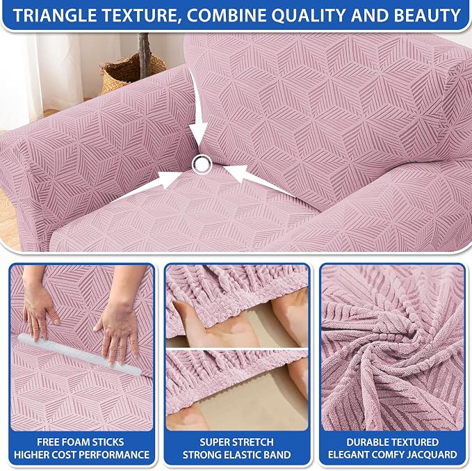 ZNSAYOTX Stretch Couch Cover, 1 Piece Sofa Covers for 2 Cushion Couch, Jacquard Loveseat Slipcovers with Elastic Bottom Thickened Furniture Protector for Dog Cat Pet (Medium, Dusty Pink)