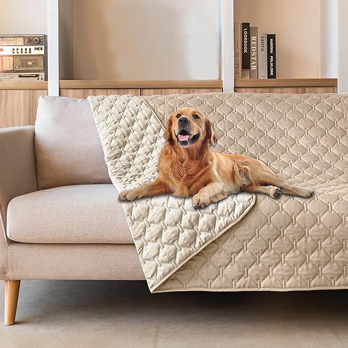 gogobunny Waterproof Dog Blankets for Large Dogs, Pet Bed Cover Breathable | Washable Pee Pads, Quilted Throw Blanket, Furniture Protector for Couch Sofa Bed Car, 82x82 Inch Dark/Light Beige