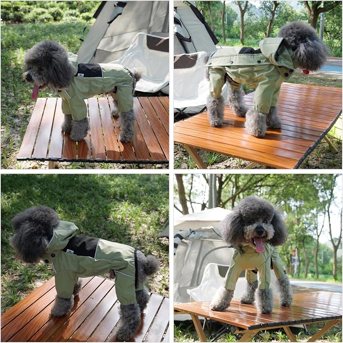 LOVELONGLONG Fleece-Lined Dog Raincoat with Removable Hood – Waterproof Winter Full Body Dog Jacket – Windproof Snowproof Cold-Weather Suit – Green-F 4XL