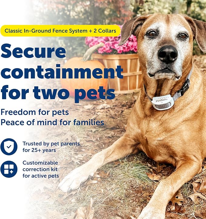 PetSafe Classic In-Ground Fence, 2 Dog, Up to 1/3 Acre | Includes 2 Collars, Tone, Vibration, & Static Correction, Waterproof, Rechargeable, Expandable Up To 5 Acres