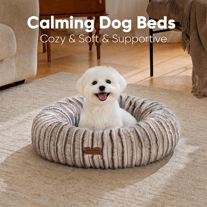 FUKUMARU Small Dog Bed, 25" Orthopedic Dog Bed for Puppies, Donut Cat Beds | Gradient Color Calming Donut Dog Beds for Small Dogs, Round Pet Bed with Washable Cover, Cute Cat Bed for Indoor Cats, Coffee