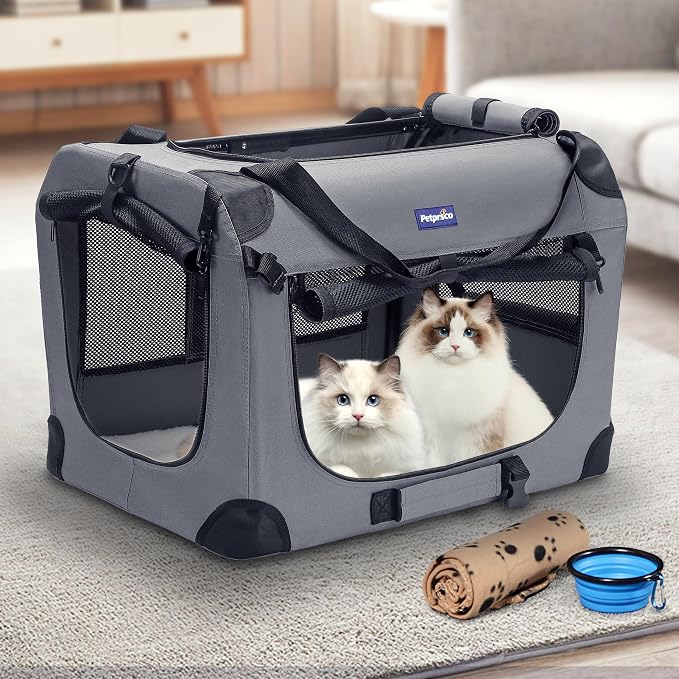 Petprsco Portable Collapsible Dog Crate, 24" Soft Dog Crate for Car Travel | Small Dog Crate Kennel 24”*17”*17” with Soft Blanket and Foldable Bowl for Large Cats & Small Dogs Indoor and Outdoor Use