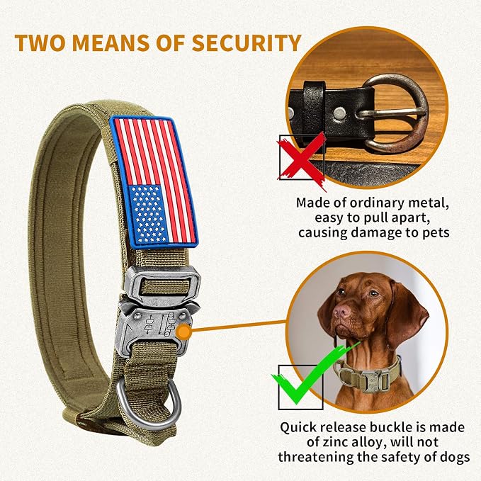 Celifelight Tactical Dog Collar & Leash Set, Military Dog Collar, Adjustable Nylon, Heavy Duty Metal Buckle, with Handle for Dog Training, Airtags Case, Patches (Brown, M)
