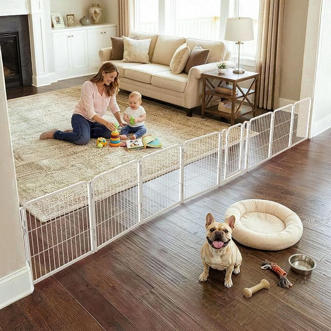 FXW Dog Gate, Extra Wide Adjustable for Openings Up to 183", 24" H | Flexible Space Control, Easy Walk-Through Access, 7 Panels + 1 Gate, For Puppies & Small Dogs, Garage Use