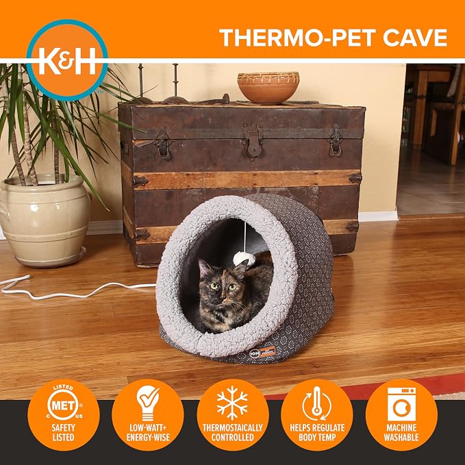 K&H Heated Cat Bed, Thermo-Pet Cave Indoor, Safety Listed, 4W, Gray | Removable Waterproof Cat Heating Pad, Heated Pet Bed for Dogs & Cats, Covered Cave Pet Tent, Collapsible, Machine Washable