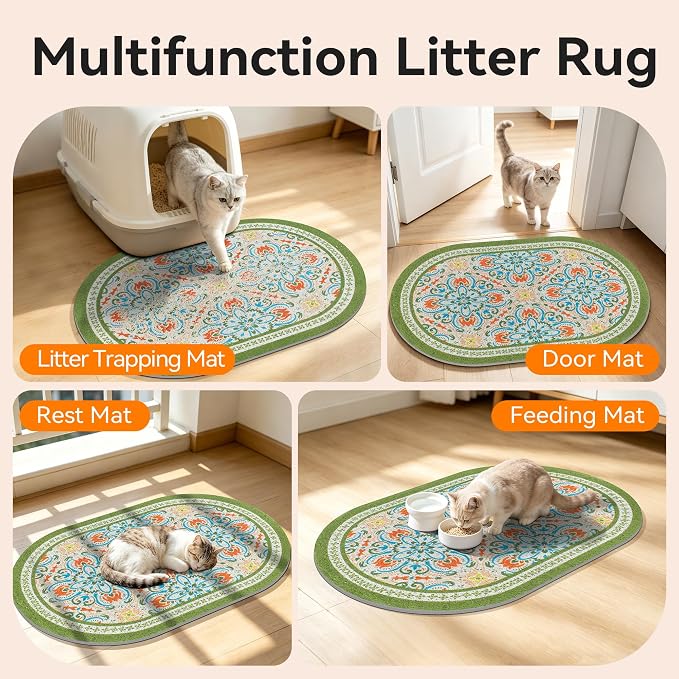Cat Litter Mat, 24"x15" High Density PVC Litter Trapping Mat, Non-Slip, Waterproof & Urine-Proof Litters Catcher Mats, Keep Floor Clean, Soft on Kitten Paws, Cat Essentials Bean Green