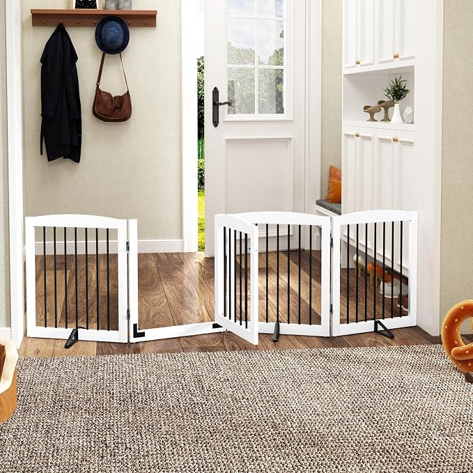 PUPETPO Freestanding Dog Gate with Door, Pet Gate for Stairs, 80 inch Wide Pet Barrier Indoor, Dog Fences Indoor, Support Feet Included, 4 Panels, 24" Tall, White & Black