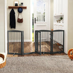 PUPETPO Freestanding Dog Gates with Door Walk Through, Pet Gate for Stairs, 80 inch Wide Gates Indoor, Dog Fences Indoor, Support Feet Included, 4 Panels, 32" Tall, Grey
