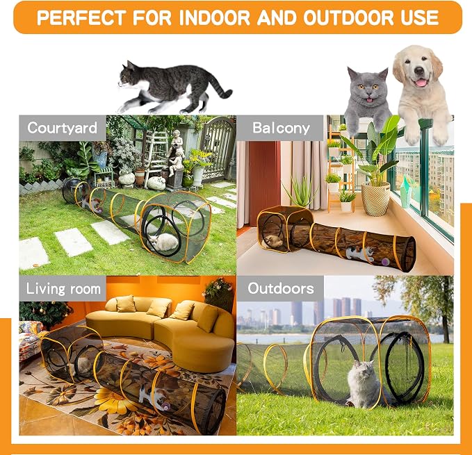 Cat Play Tunnel + Cube(with Three Ways) for Indoor and Outdoor, Cat Playpen, Play Enclosures, Collapsible Cube, Tunnel, Easy to Connect with Tent