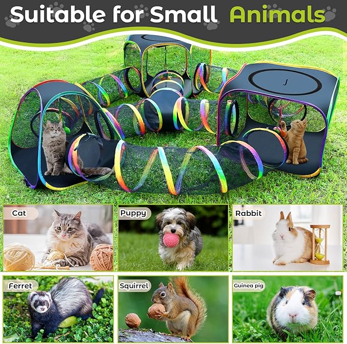 CypherX Outdoor Cat Enclosure, Portable Cat Tent with Tunnel Popup Catio | 7-in-1 modular design: 3 tents, 9.8" wide tunnels, scratch balls & storage bag. Durable setup for small animals & cats.