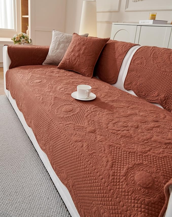 Luxury Vintage Cotton Embroidery Sofa Cover Soft Farmhouse Seat Cushion Cover Floral Quilted Sectional Couch Cover Anti-Slip Sofa Slipcovers Furniture Protector for Dogs Cats (Orange,28"x70")