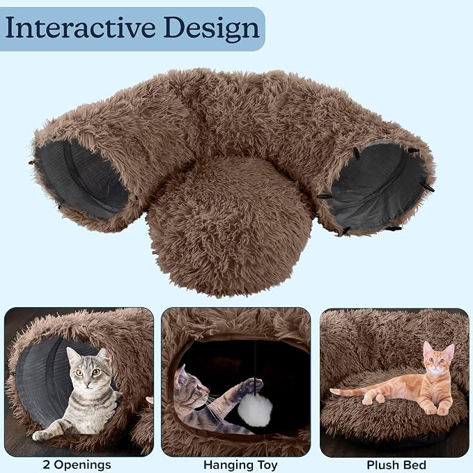 Cat Tunnel with Bed for Indoor Cats - 3FT Multifunctional Cat Tunnel Bed with Toys - Soft, Plush Peekaboo Cat Cave for Kittens, Cats, Ferrets, and Rabbits - Cat Products by PETMAKER (Brown)