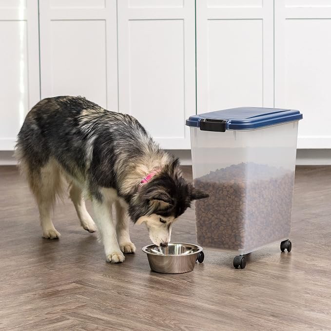 IRIS USA Dog Food Storage Container, Up to 40 lbs, Navy, Made in USA | Wheels for Mobility, Airtight Seal, BPA-Free, Best for Bird Seed, Cat food, Cat Litter, Chicken Feed, Pellets