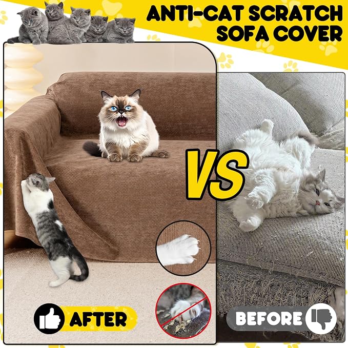 Loiion Cat Scratch Proof Furniture Protector Waterproof Sofa Cover 134"x91" | Pet-Friendly Couch Protector, Anti-Scratch & Anti-Slip Sofa Cover For Cats Dogs Kids, Machine Washable