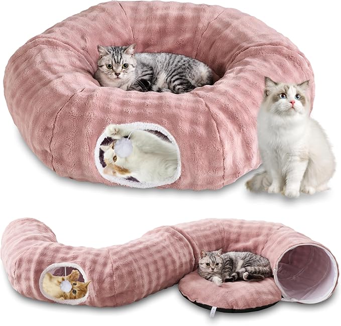 Bubble Round Cat Tunnel for Indoor Cats, Dusty Pink | Peekaboo Cave Toy with Dangling Balls, Donut Tunnel Bed with Circle Mat for Puppy Kitten Rabbit