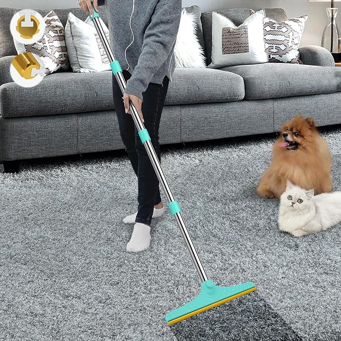 Carpet Rake for Pet Hair Removal, Reusable Carpet Scraper for Rug | Remover with 60” Adjustable Long Handle,Dog Cat Hair Remover Tool for Rugs, Mats, Couch, Blue