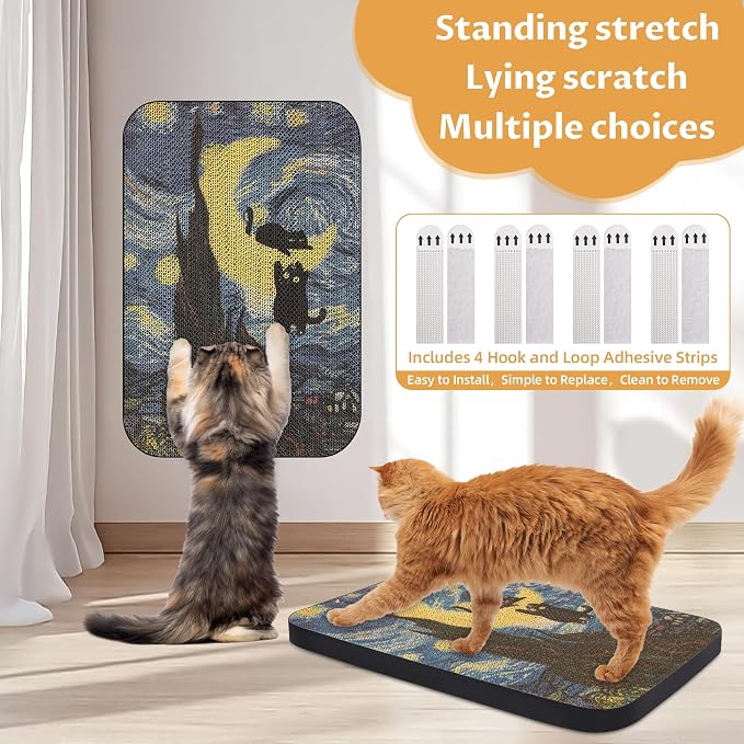 Cat Wall Scratcher, Art Cat Scratching Board for Indoor Cats | Wall Mounted Cat Scratch Pad, Water-Based Ink, Hook&Loop Strips, Floor or Wall Use, 16.7x11x1 Inch, Starry Night