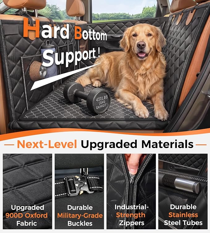 Doglike UNBREAK Hard Bottom Dog Car Seat for Back Seat [Military-Grade Protection], 450LB Ultra-Support Back Seat Extender for Dogs Carseat, Passenger Frinedly Waterproof Pet Carseat XL Size