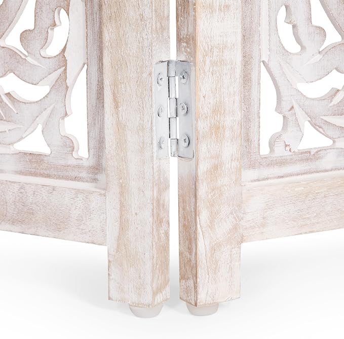 Lightnpro 4-Panel Carved Wooden Dog Gate with Stopper – 72 Inch Extra-Wide Foldable Freestanding Pet Barrier, White Wash Indoor Safety Fence for Small Dogs & Puppies – 24x18 Inch Panels