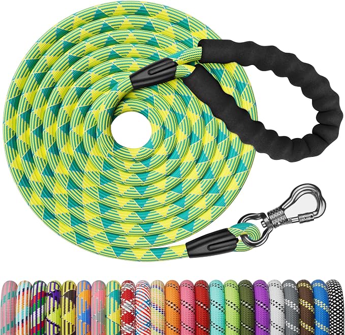 NTR Long Dog Leash,15FT Rope Leash for Dog Training with Swivel Lockable Hook,Reflective Threads and Comfortable Handle,Dog Lead for Walking,Hunting,Camping for Medium and Large Dog, Teal/Yellow