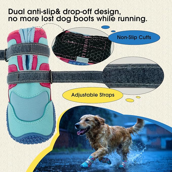 Lelepet 4pcs Dog Shoes for Hot Pavement,Dog Booties for Large Size Dogs | Breathable dog booties with reflective double straps protect paws from hot pavement and outdoor terrain.Blue