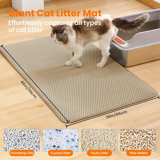 Extra Large Cat Litter Mat XXL, Double Layer Honeycomb, Beige | 46x26”, Reduces Litter Tracking, Easy to Clean, Waterproof, Non-Slip, Soft on Paws, Scratch Resistant, Beige, XXL