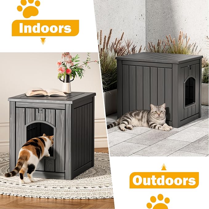 Cat Litter Box Enclosure, Multi-Functional Enclosed Cat Litter Box Furniture, Outdoor Cat House Weatherproof, Openable Front Door & Raised Floor, Easy to Clean & Assemble, Black