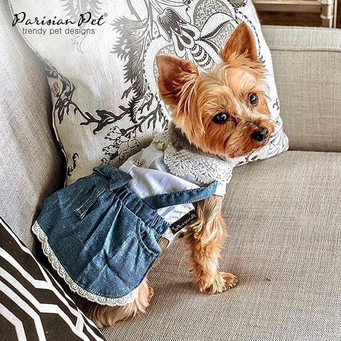 Parisian Pet Chambray Overall Dog Dress - Summer Clothes for Small Dogs Girl - Blue Denim Pet Dress - Designer Dog Overalls - Lightweight and Breathable Puppy Clothes - Dresses for Dogs