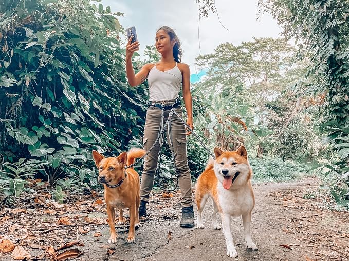 Tuff Pupper Heavy Duty Hands Free Dog Leash | Two Small/Medium Dogs Up to 90 lbs | Comfortable Shock Absorbing Bungee | Reflective Padded Handles | Lumbar Waist Belt 28-50" | Jogging Running Leash